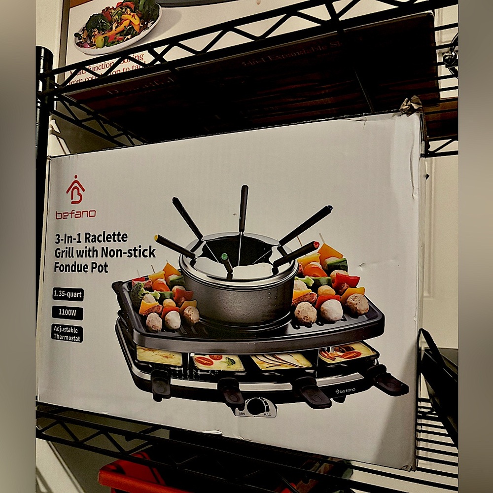 3-In-1 Raclette Grill with Non-stick Fondue Pot- Brand New